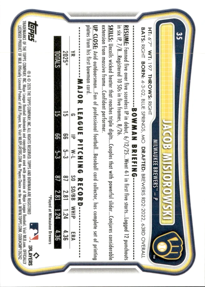 Jacob Misiorowski card back