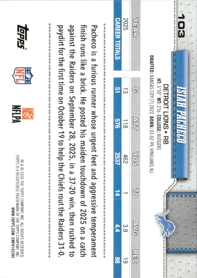 Isiah Pacheco card back