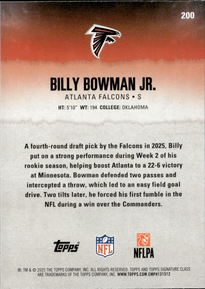 Billy Bowman Jr. card back