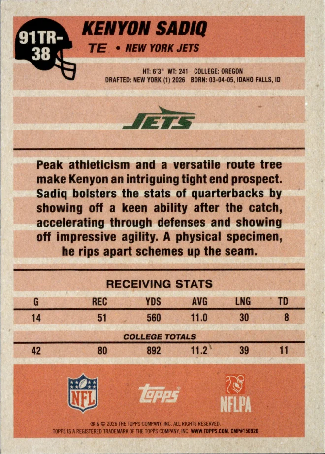 Kenyon Sadiq card back
