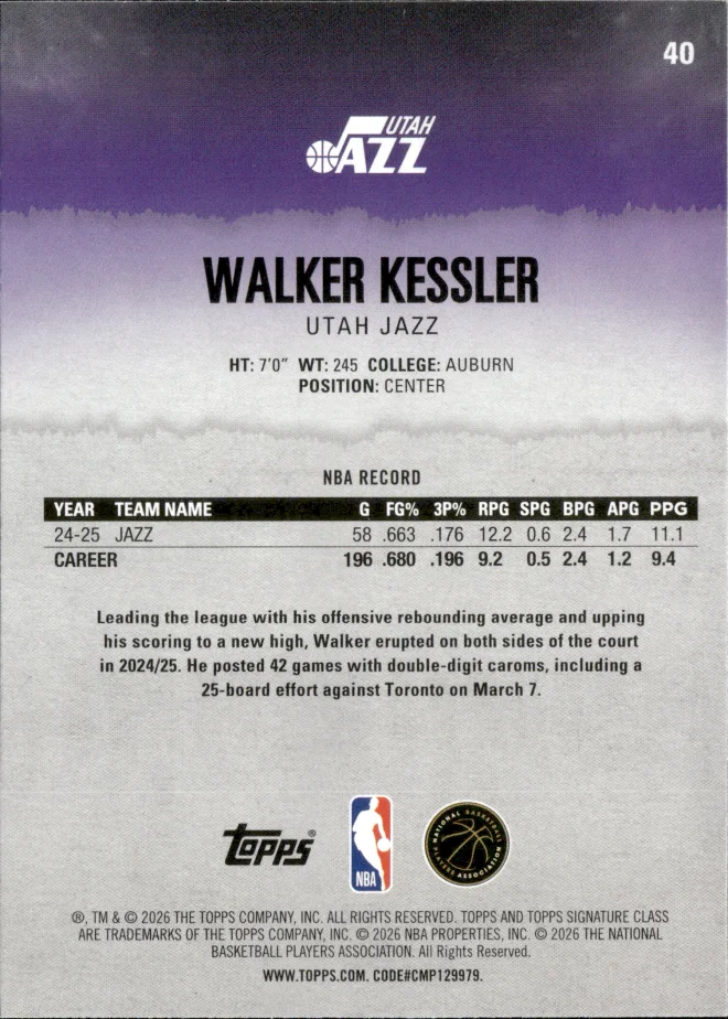 Walker Kessler card back