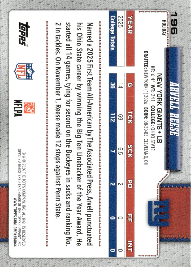 Arvell Reese card back