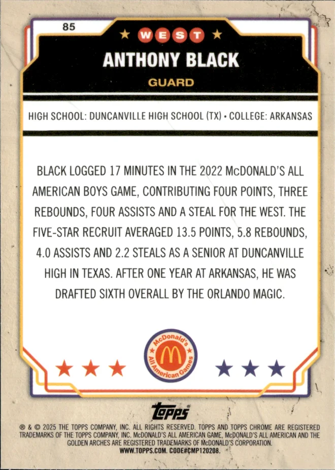 Anthony Black card back