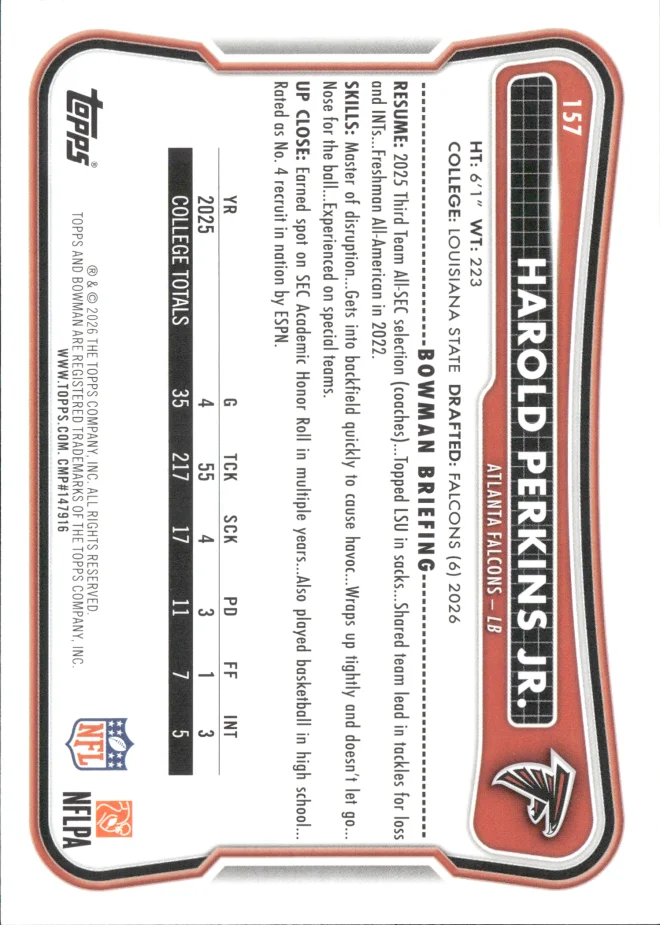 Harold Perkins Jr. card back