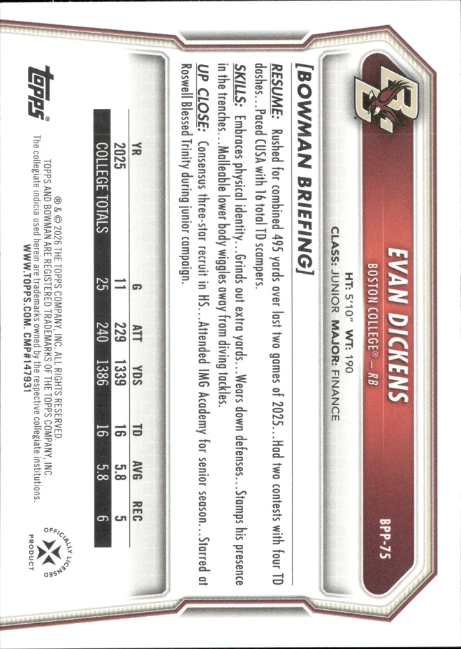 Evan Dickens card back