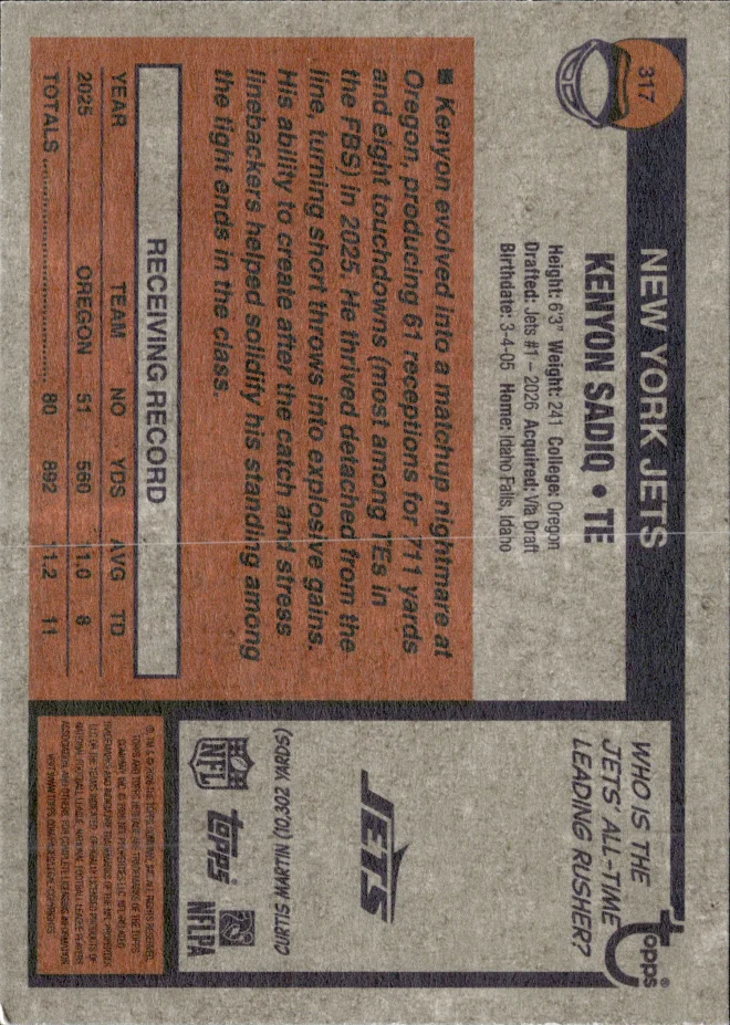 Kenyon Sadiq card back