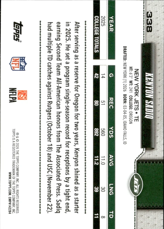 Kenyon Sadiq card back