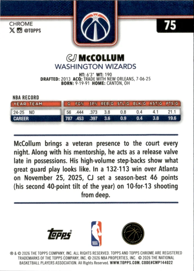 CJ McCollum card back