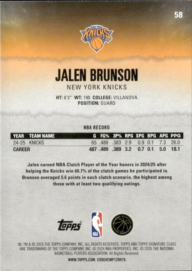 Jalen Brunson card back