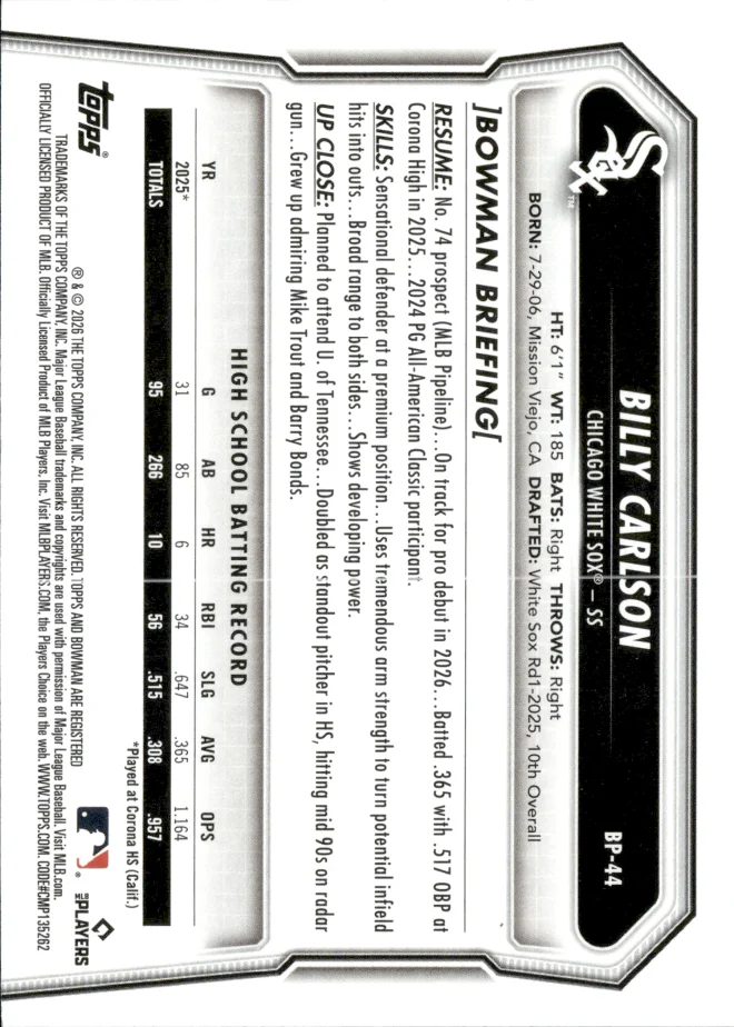 Billy Carlson card back