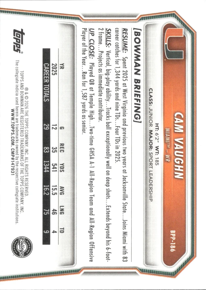 Cam Vaughn card back