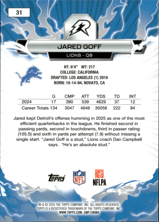 Jared Goff card back