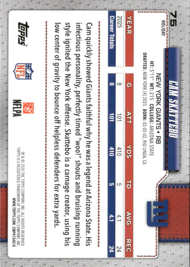 Cam Skattebo card back