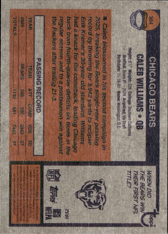 Caleb Williams card back