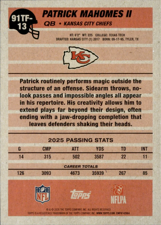 Patrick Mahomes II card back