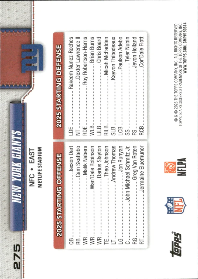 New York Giants card back