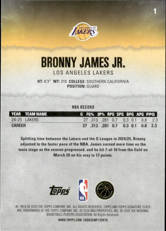 Bronny James Jr. card back