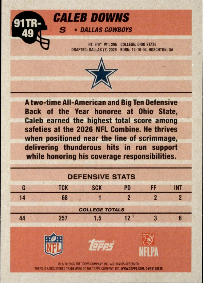 Caleb Downs card back