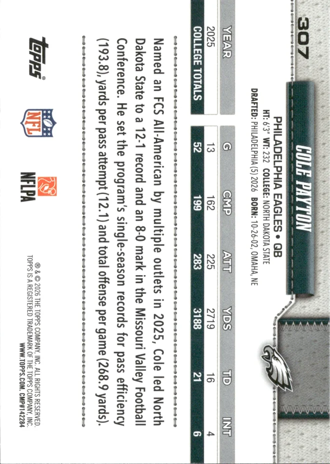 Cole Payton card back