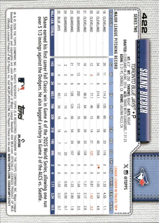 Shane Bieber card back
