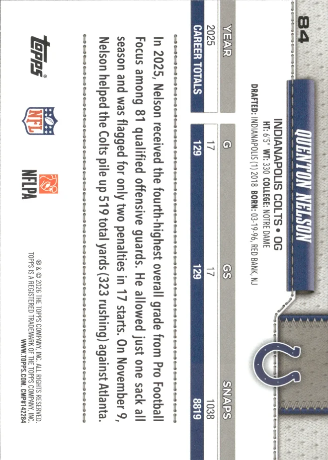 Quenton Nelson card back