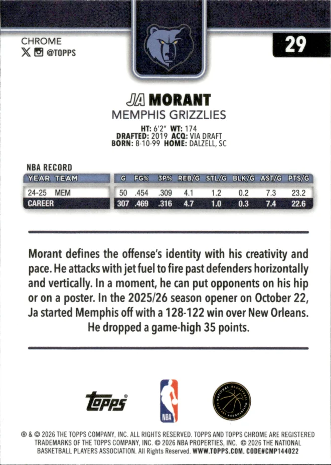 Ja Morant card back