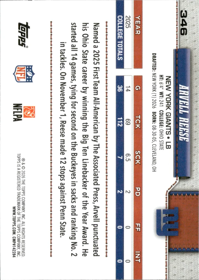 Arvell Reese card back