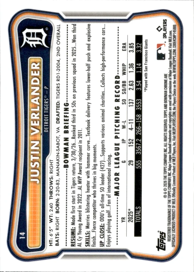 Justin Verlander card back