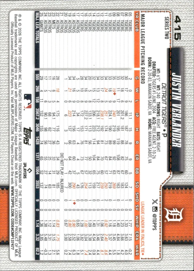 Justin Verlander card back