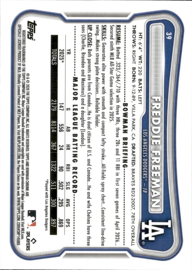 Freddie Freeman card back