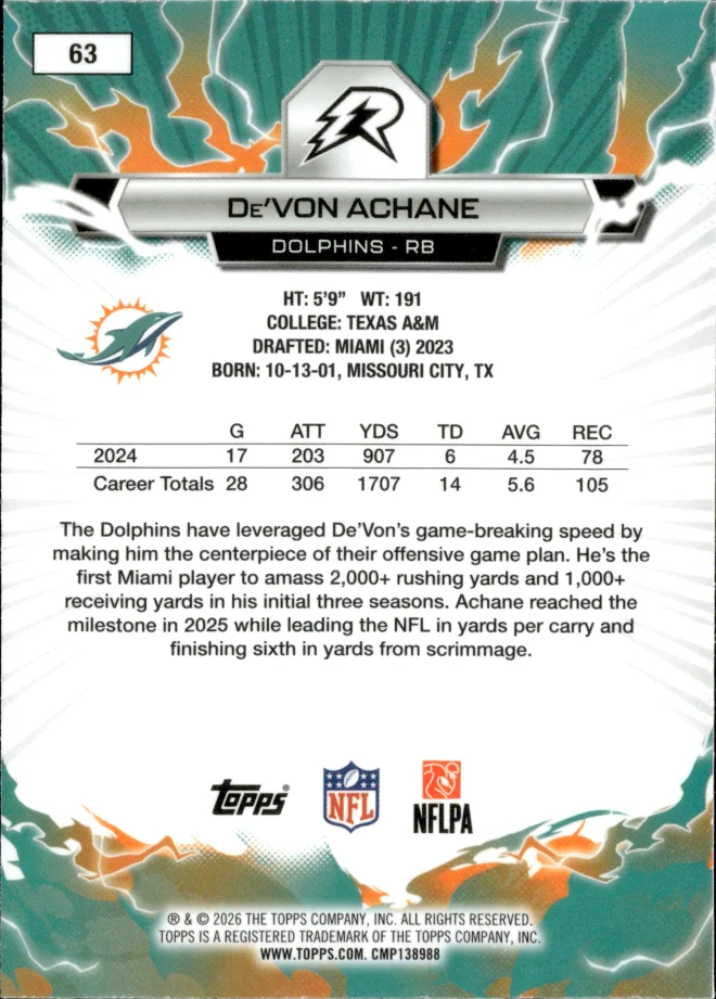 De'Von Achane card back