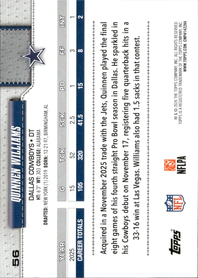Quinnen Williams card back