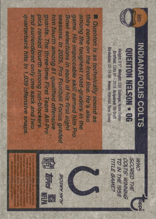 Quenton Nelson card back