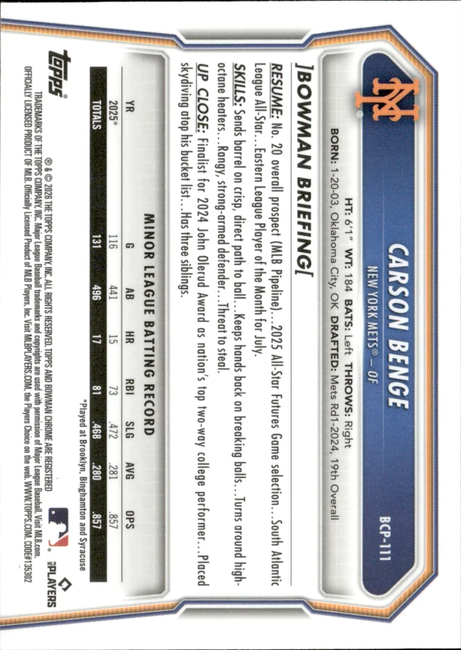 Carson Benge card back