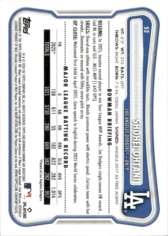 Shohei Ohtani card back