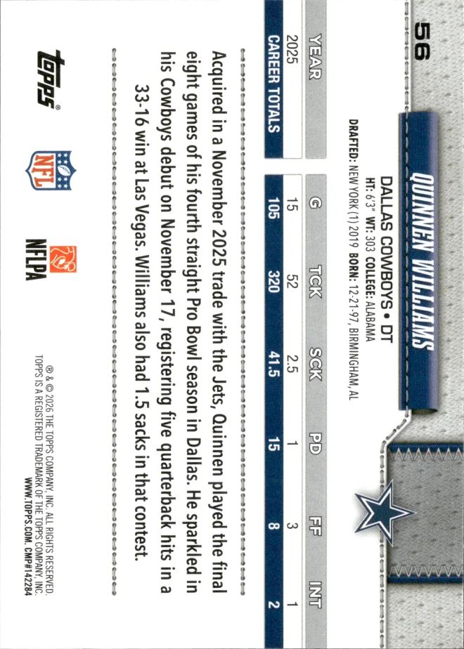 Quinnen Williams card back