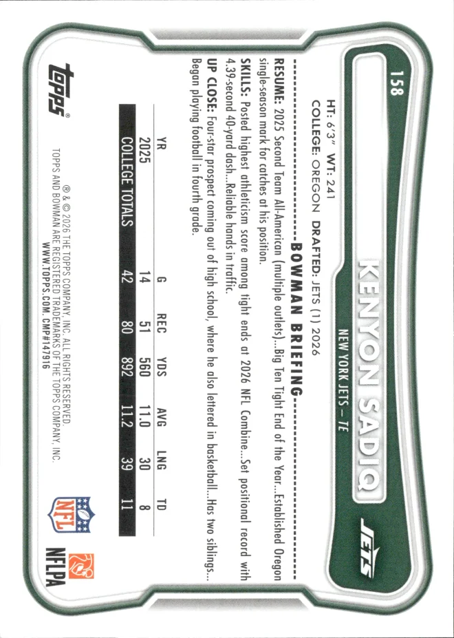 Kenyon Sadiq card back