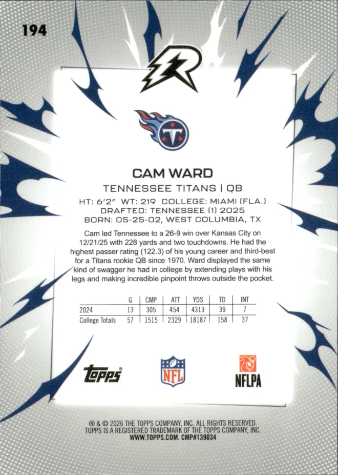 Cam Ward card back