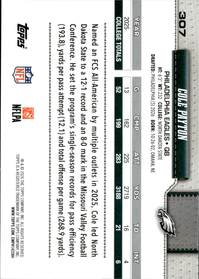 Cole Payton card back