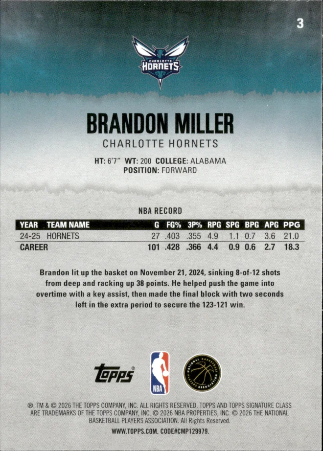 Brandon Miller card back