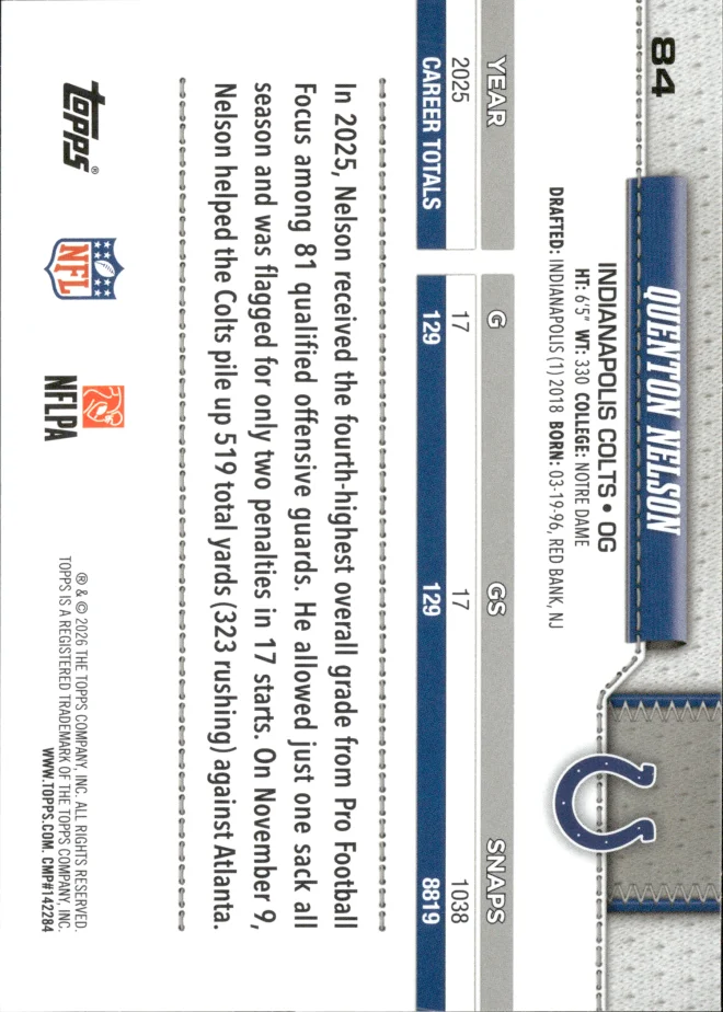 Quenton Nelson card back