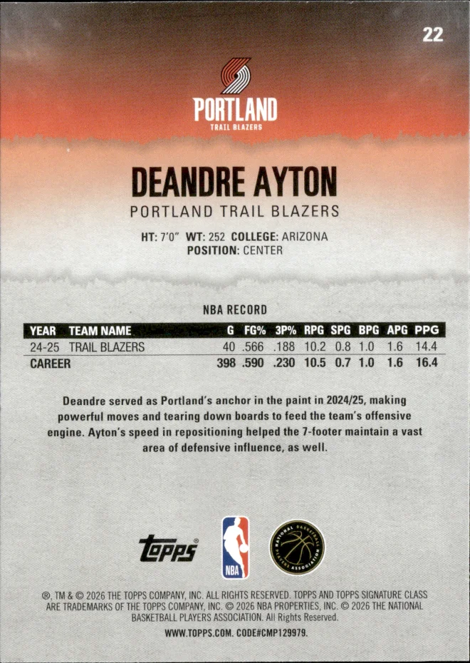 Deandre Ayton card back