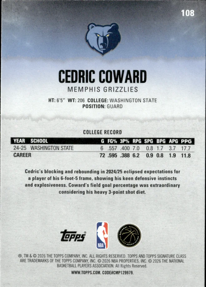 Cedric Coward card back