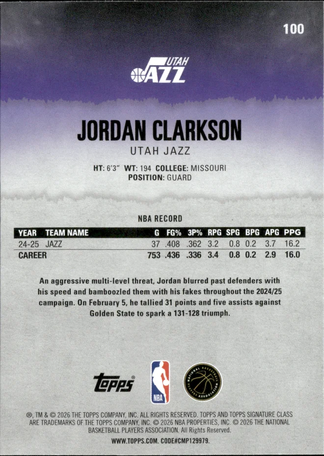 Jordan Clarkson card back