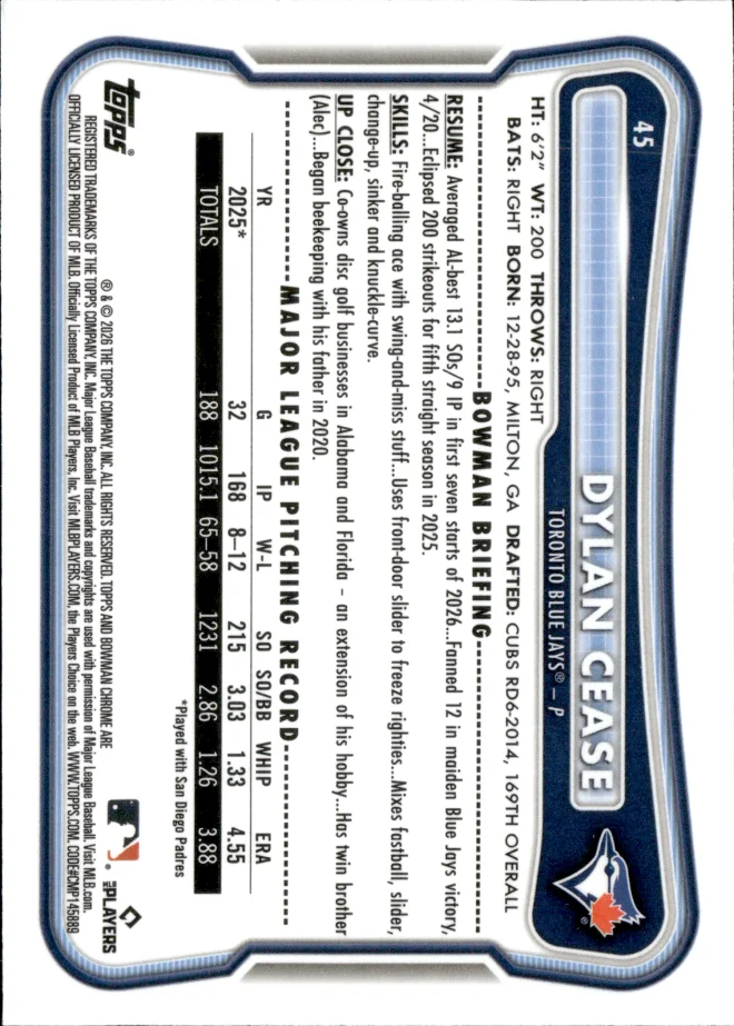 Dylan Cease card back