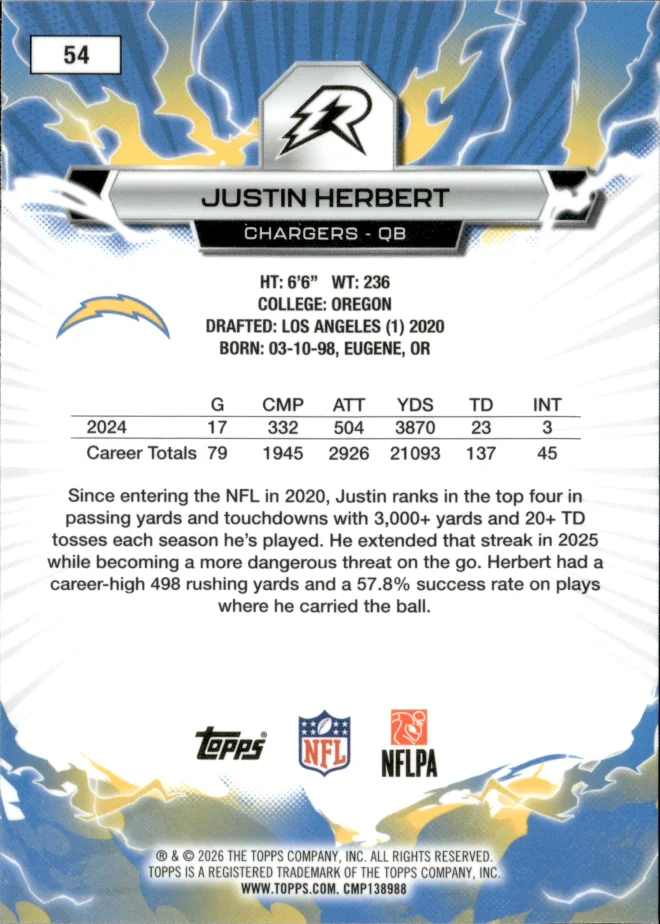 Justin Herbert card back