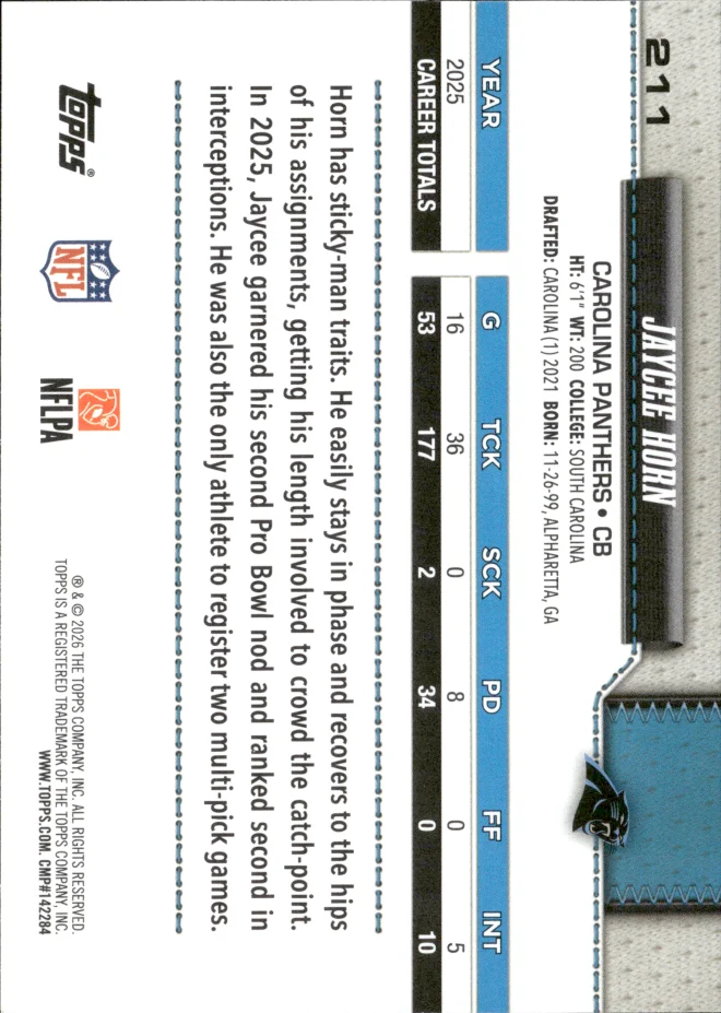 Jaycee Horn card back