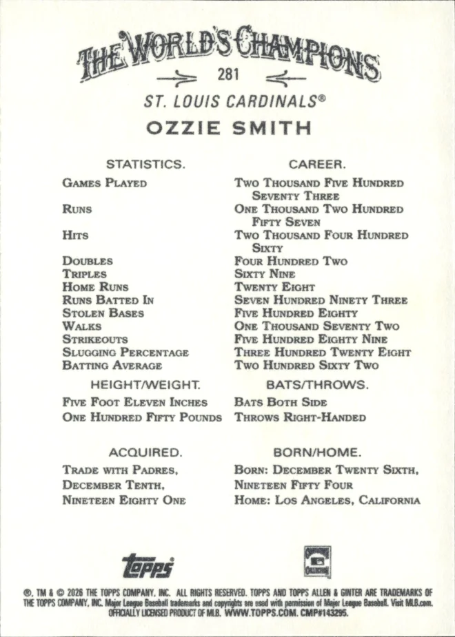 Ozzie Smith card back