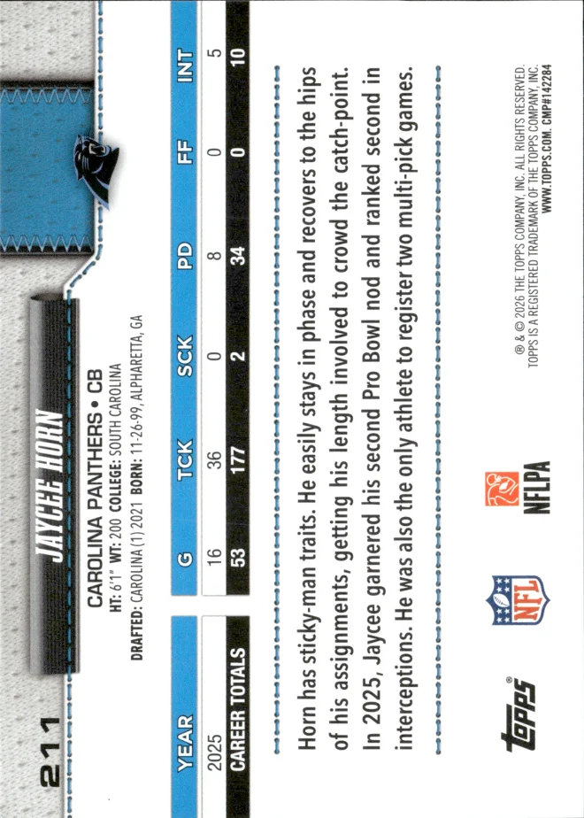 Jaycee Horn card back