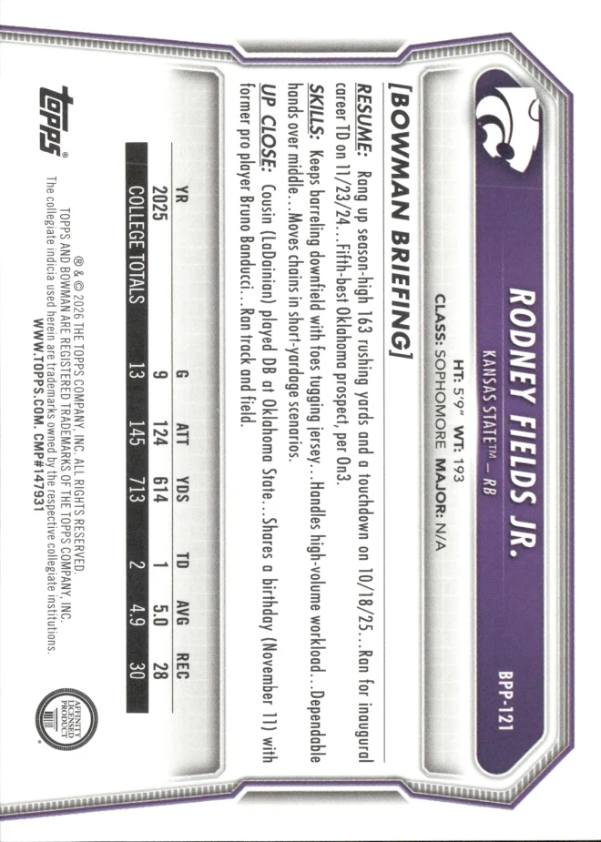 Rodney Fields Jr. card back